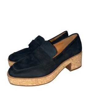 Lucky Brand Womens Black Suede platform Cork Heel Loafers Size 6.5. Preppy